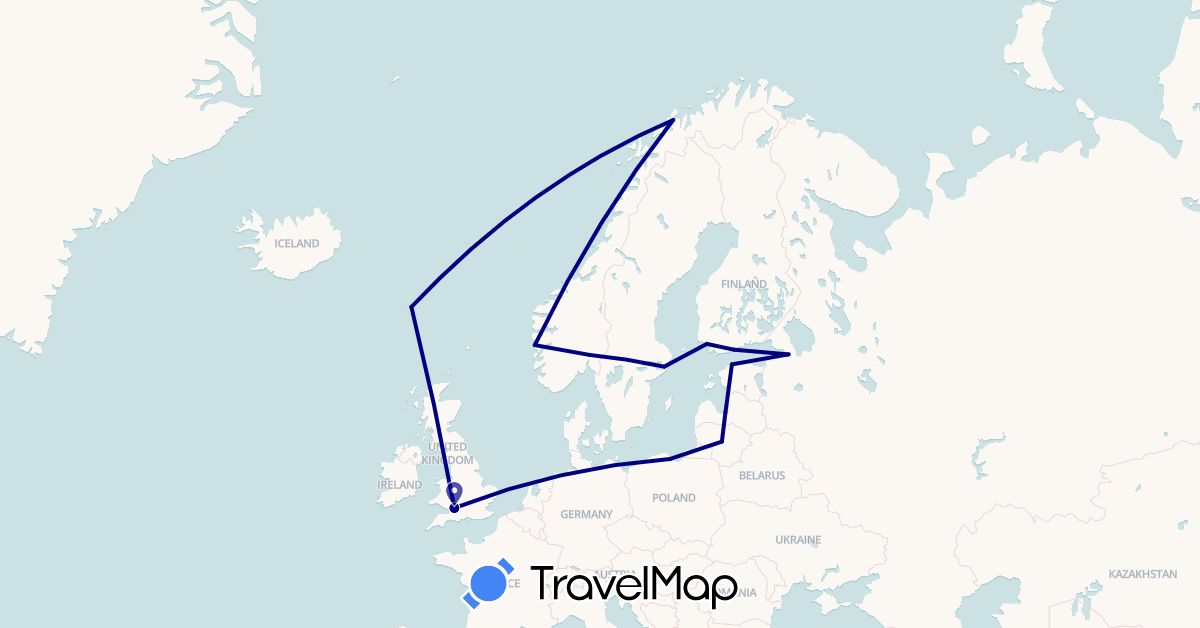 TravelMap itinerary: driving in Estonia, Finland, Faroe Islands, United Kingdom, Lithuania, Latvia, Norway, Poland, Russia, Sweden (Europe)